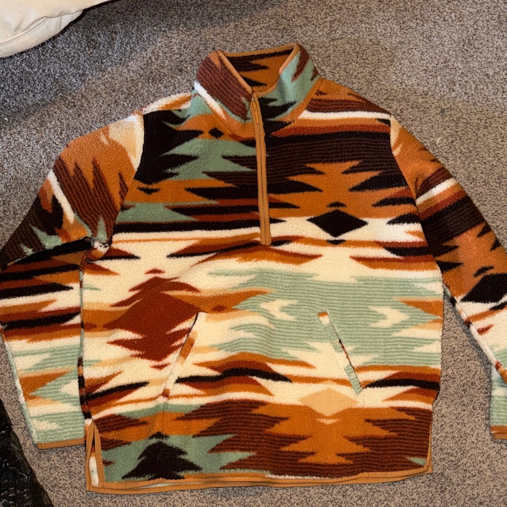 Aztec Pattern Half-Zip Fleece Pullover - Multi Brown
